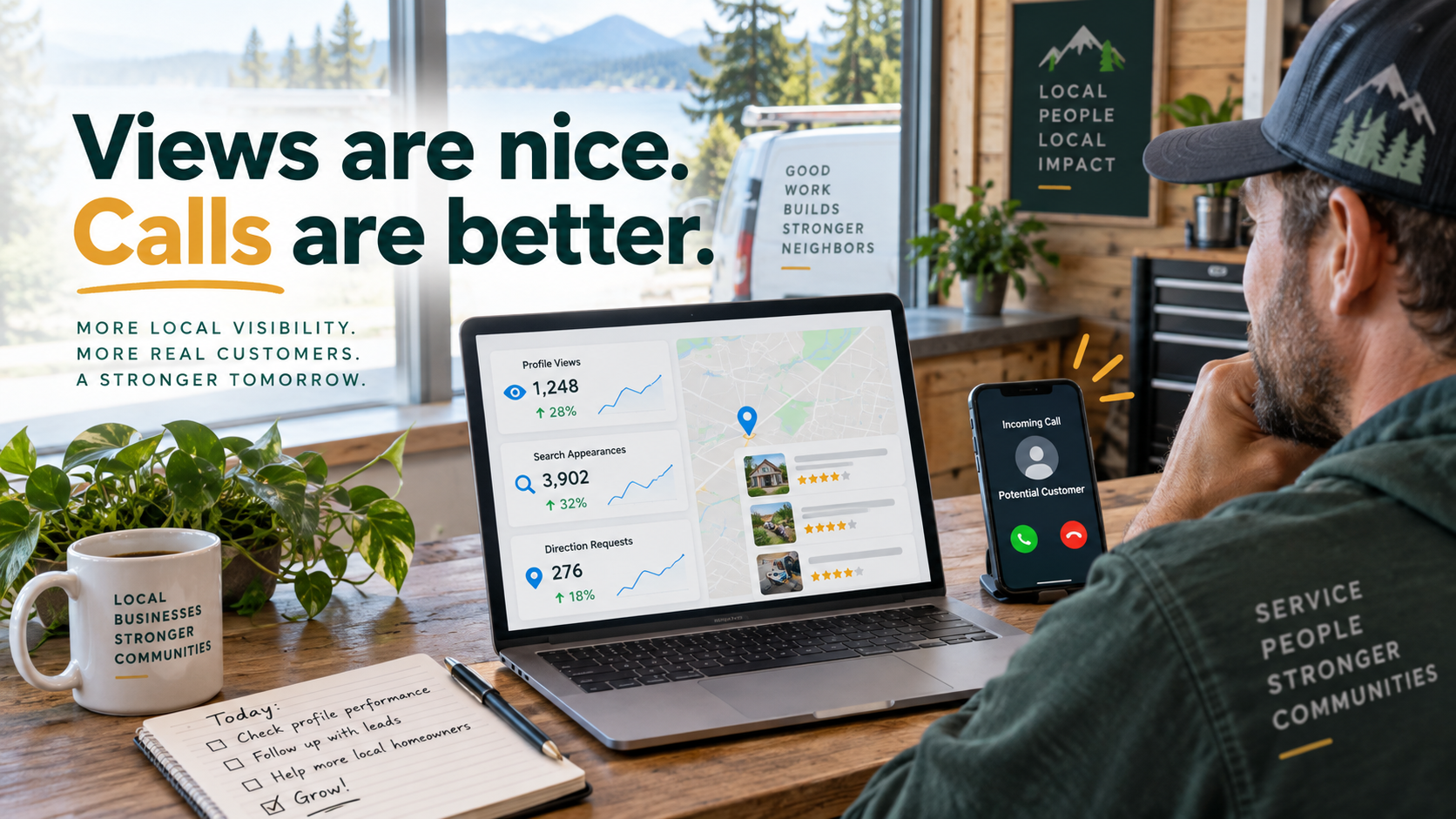 Small service business owner reviewing local profile activity on a laptop while a phone shows an incoming customer call.