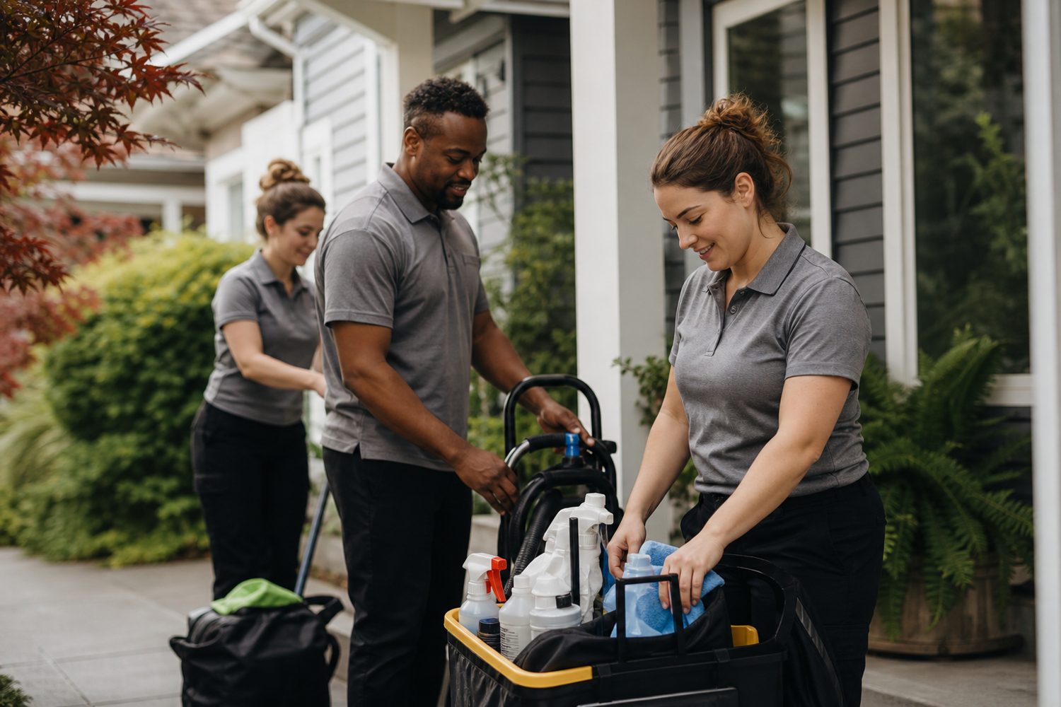 Local cleaning team preparing supplies before a job