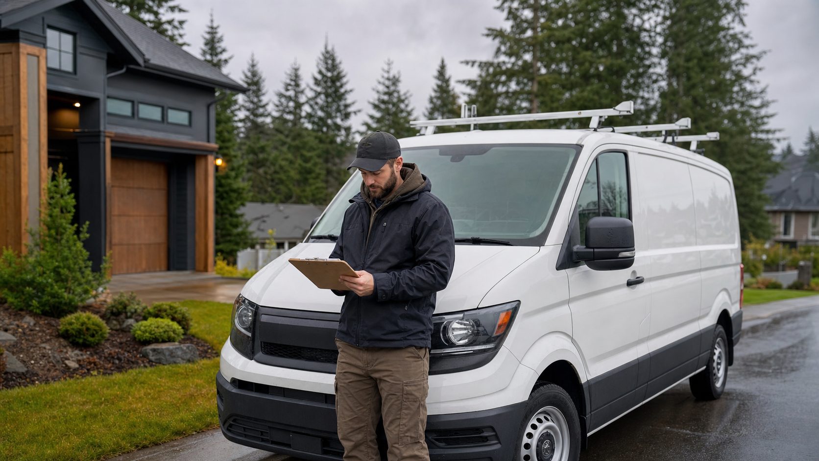 Local service professional reviewing notes near a work van